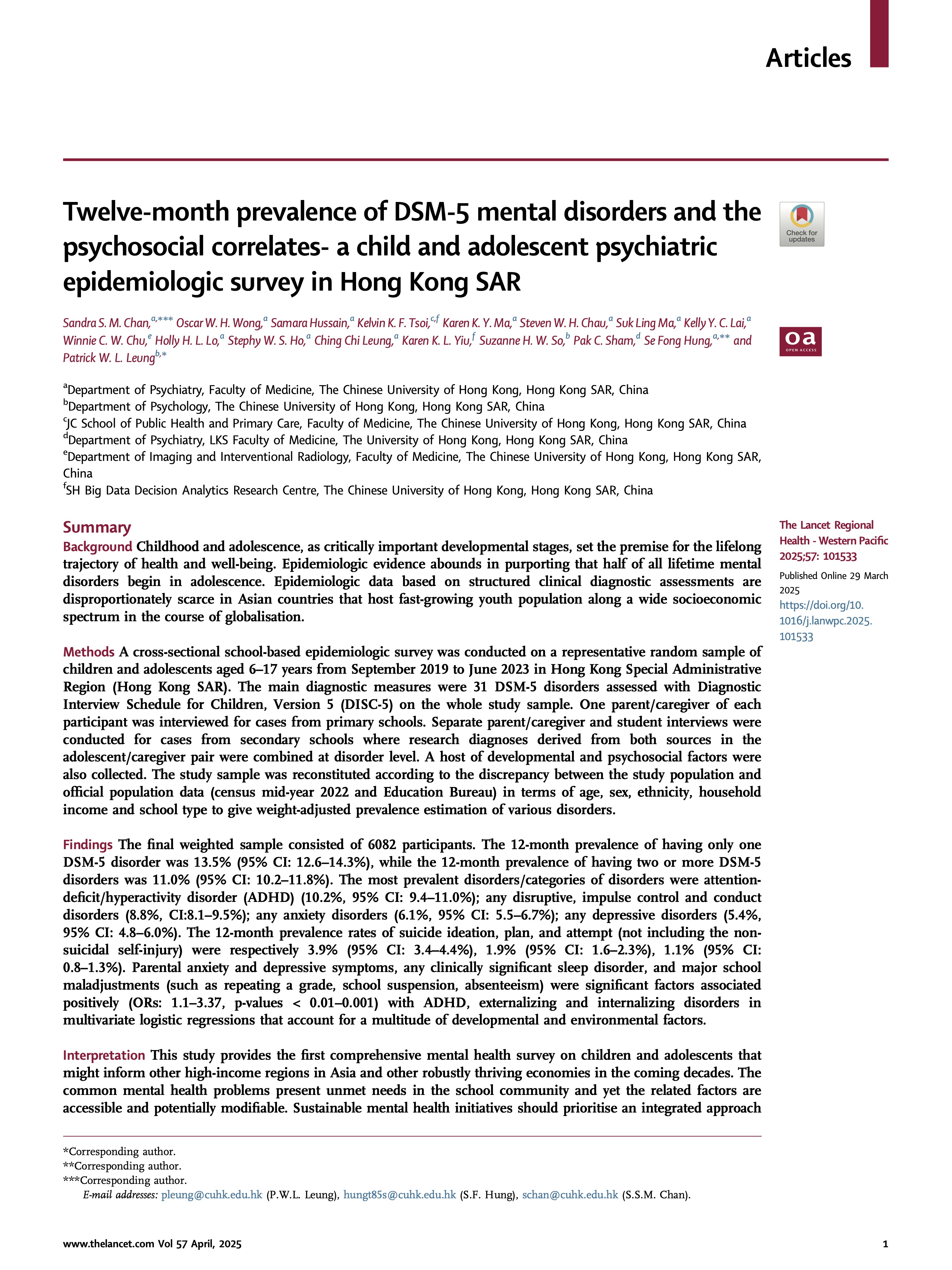 Twelve-month prevalence of DSM-5 mental disorders and the psychosocial correlates- a child and adolescent psychiatric epidemiologic survey in Hong Kong SAR