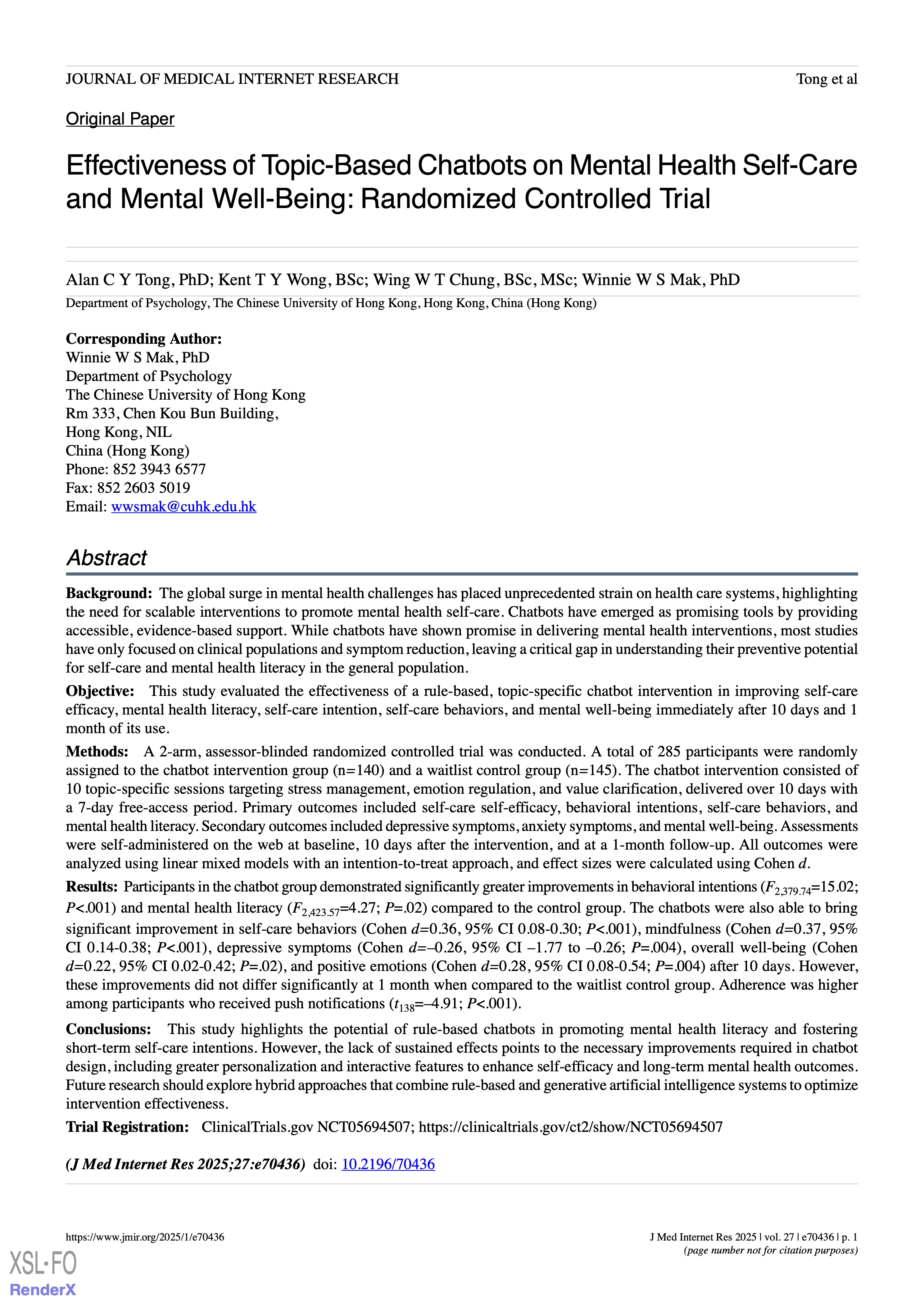 Effectiveness of Topic-Based Chatbots on Mental Health Self-Care and Mental Well-Being: Randomized Controlled Trial 