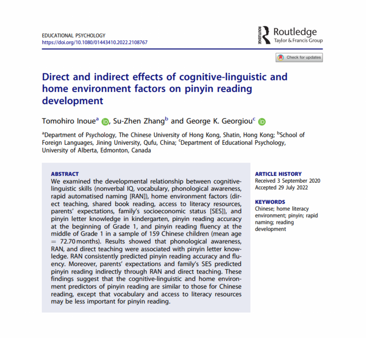 Effects of cognitive-linguistic and home environment factors on pinyin reading development