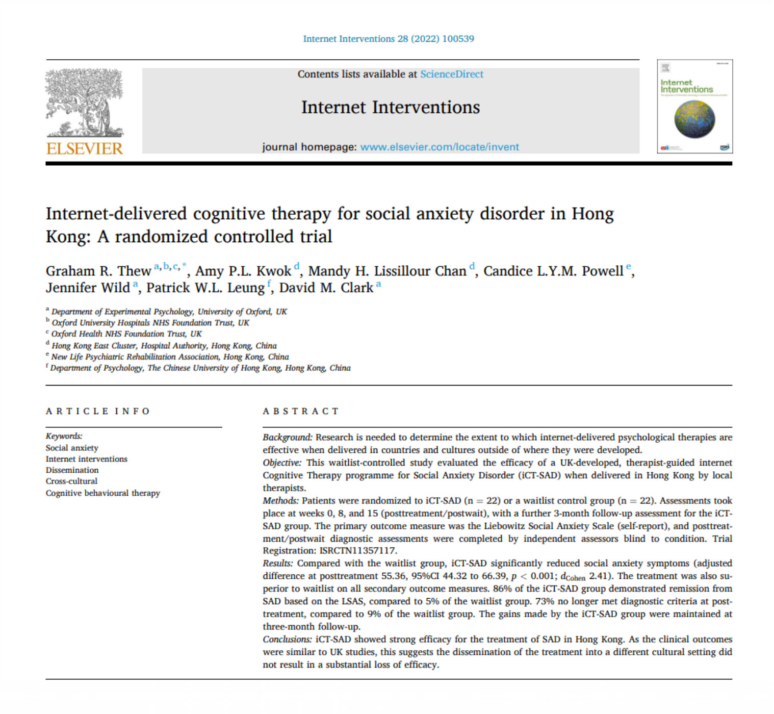 Internet-delivered cognitive therapy for social anxiety disorder in Hong Kong