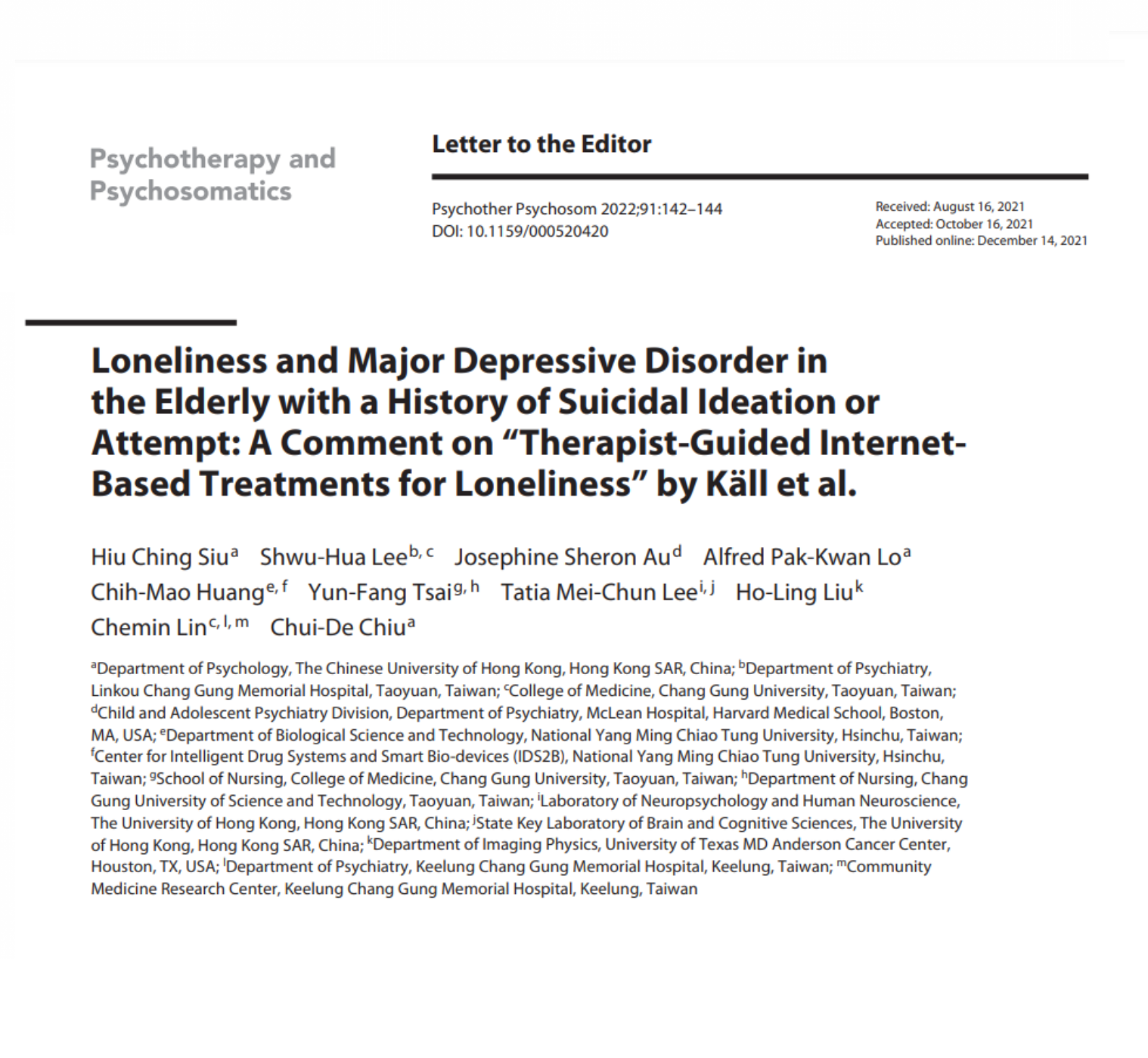 Loneliness and Major Depressive Disorder in the Elderly