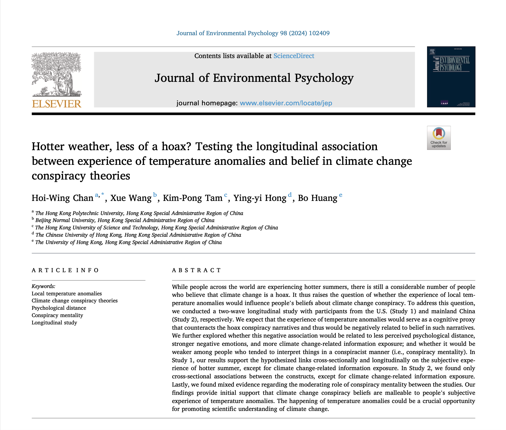 Hotter weather, less of a hoax? Testing the longitudinal association between experience of temperature anomalies and belief in climate change conspiracy theories