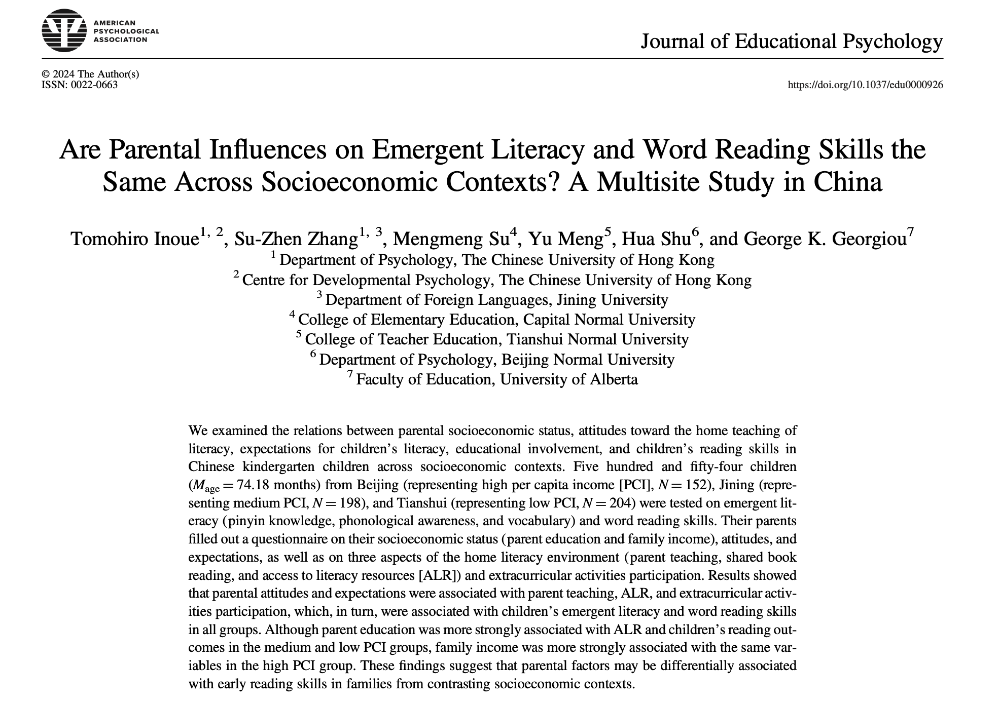 Are Parental Influences on Emergent Literacy and Word Reading Skills the Same Across Socioeconomic Contexts? A Multisite Study in China