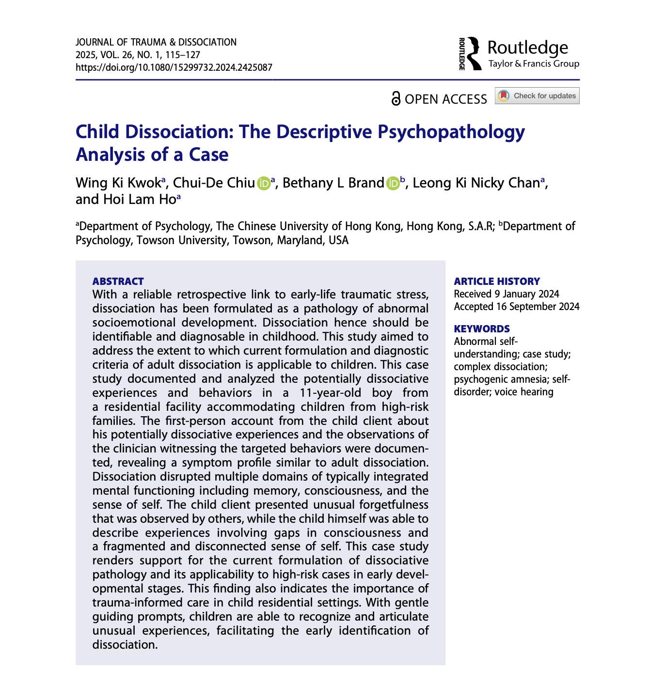 Child Dissociation: The Descriptive Psychopathology Analysis of a Case 