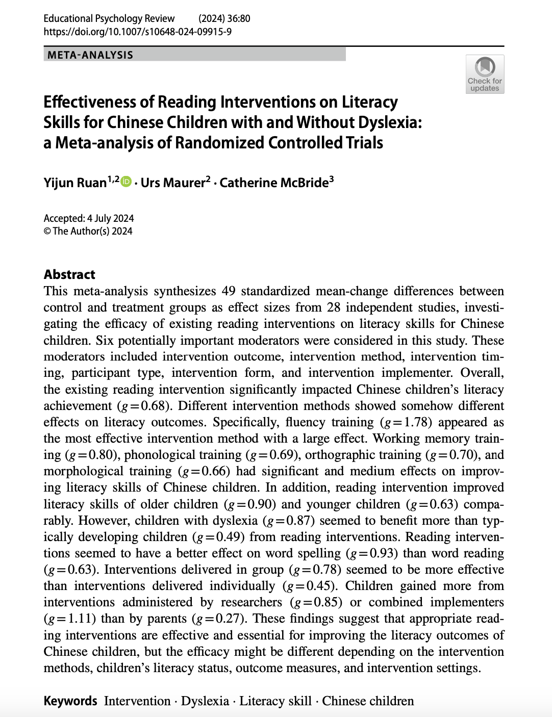 Effectiveness of Reading Interventions on Literacy Skills for Chinese Children with and Without Dyslexia: a Meta‐analysis of Randomized Controlled Trials