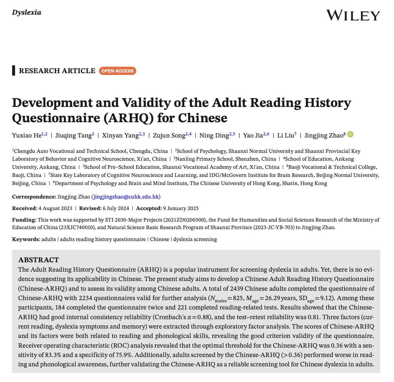 Development and validity of the adult reading history questionnaire (ARHQ) for Chinese
