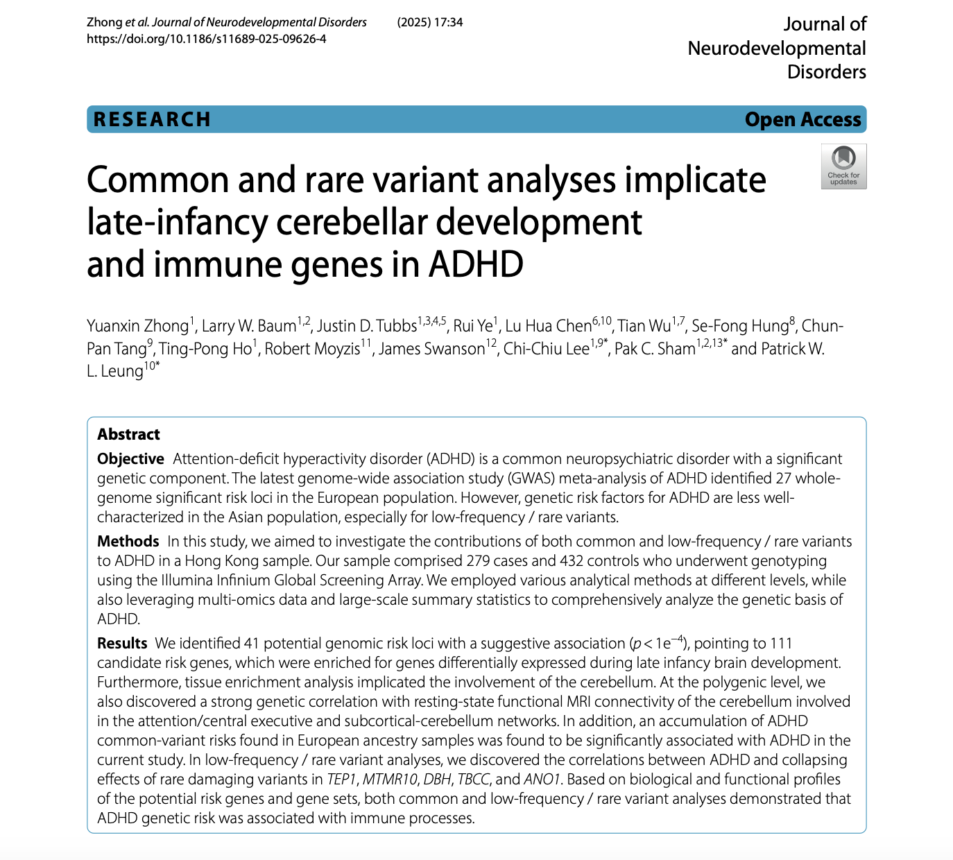 Common and rare variant analyses implicate late-infancy cerebellar development and immune genes in ADHD