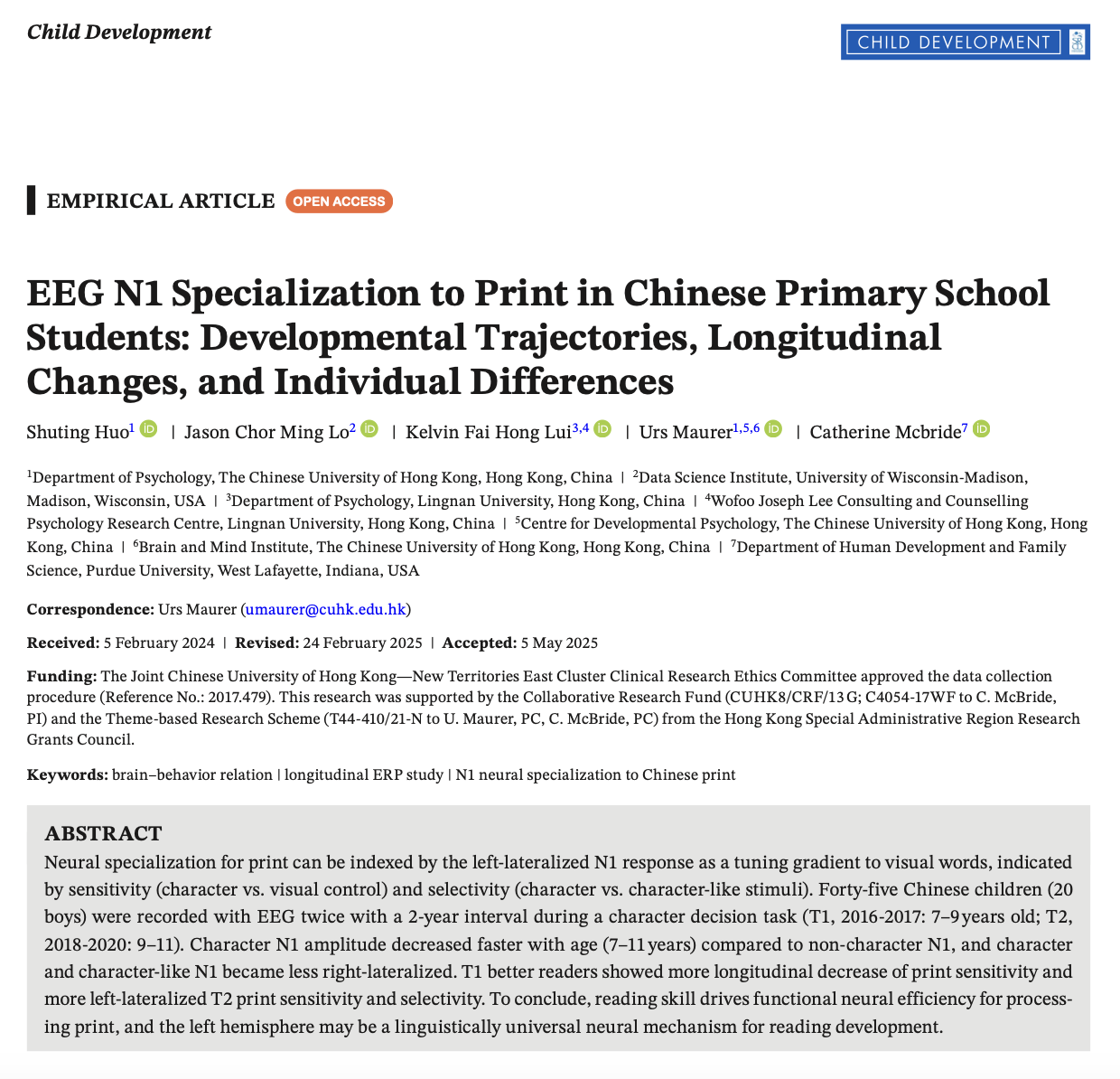 EEG N1 Specialization to Print in Chinese Primary School Students: Developmental Trajectories, Longitudinal Changes, and Individual Differences