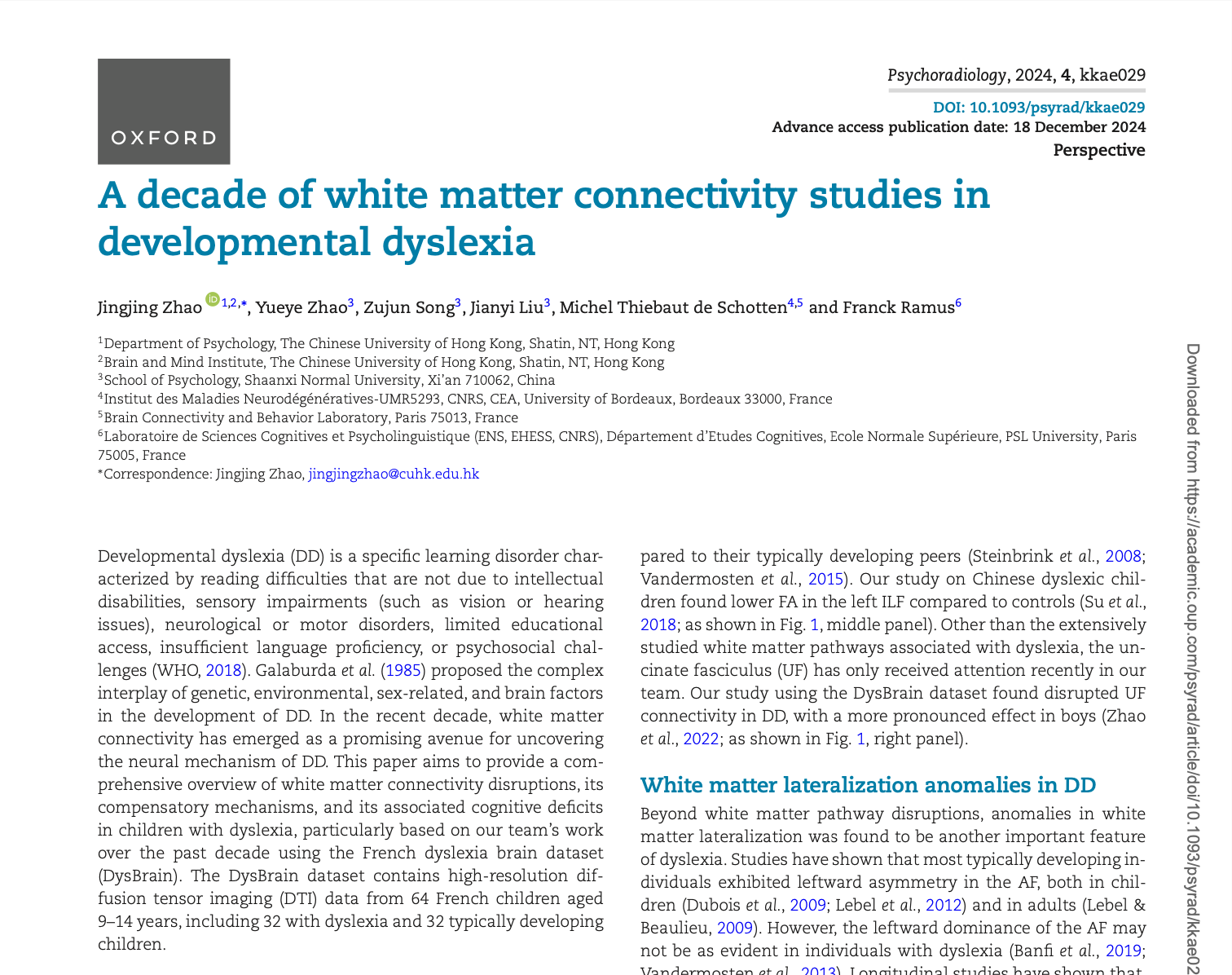 A decade of white matter connectivity studies in developmental dyslexia